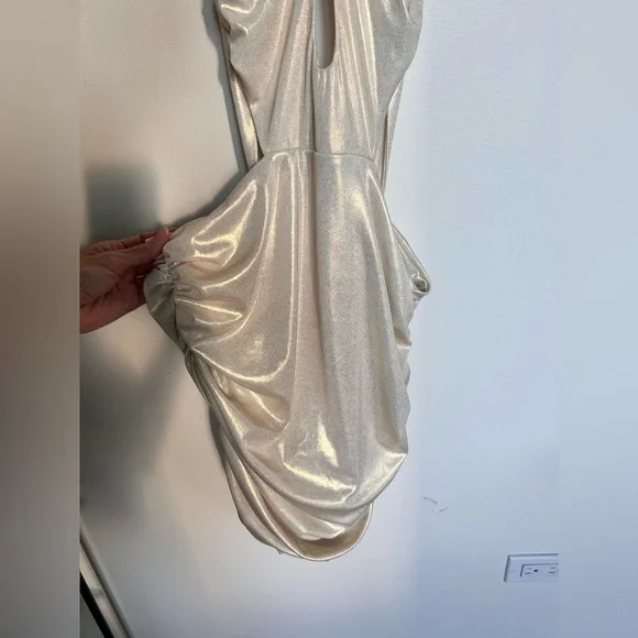 Di Petsa NEW Temptress Sun Mini Dress Gold Cut Out Ruched Size L